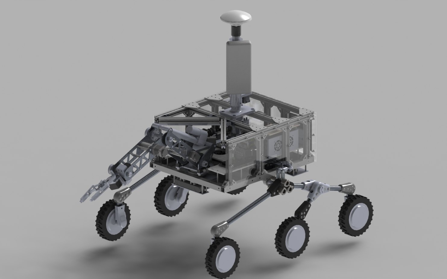 CAD render of the Sun Devil Robotics URC rover with its robotic arm